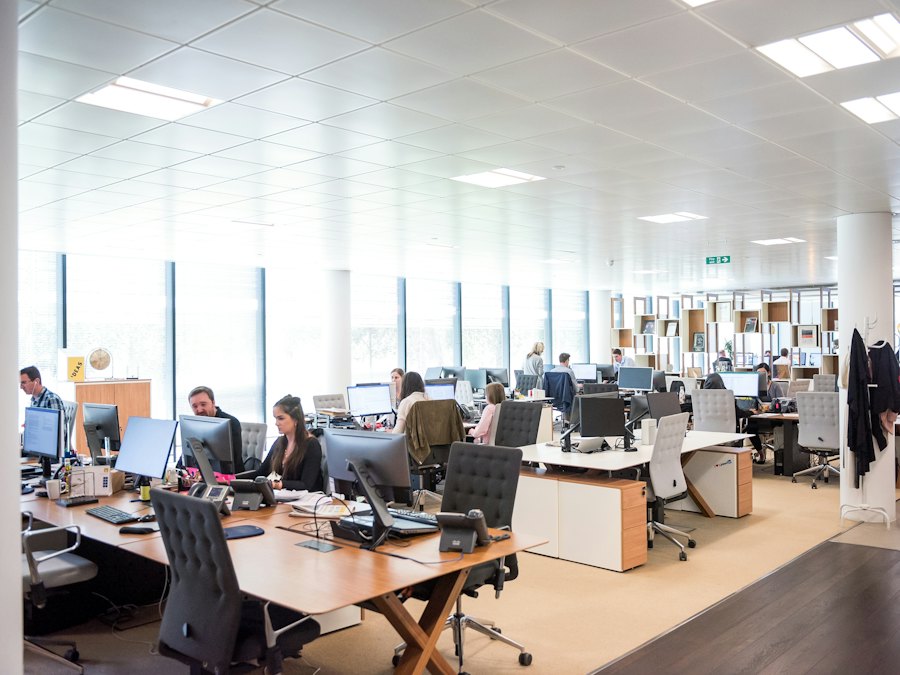 People working at desks in an open office